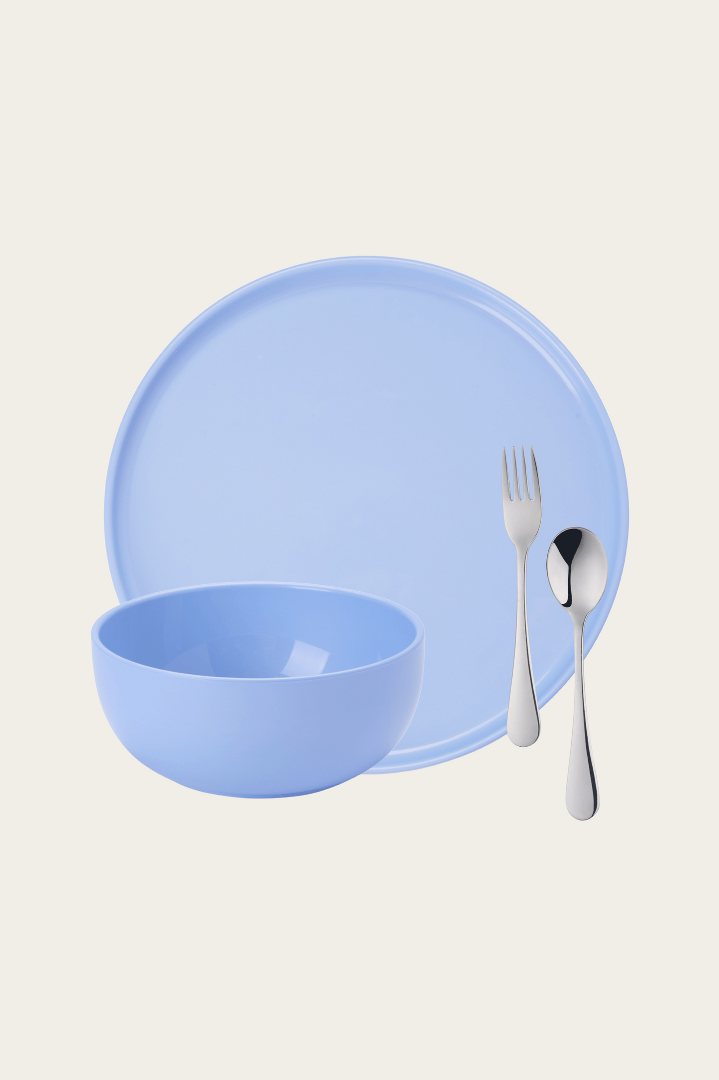 Set of pastel blue plate, bowl, fork and spoon