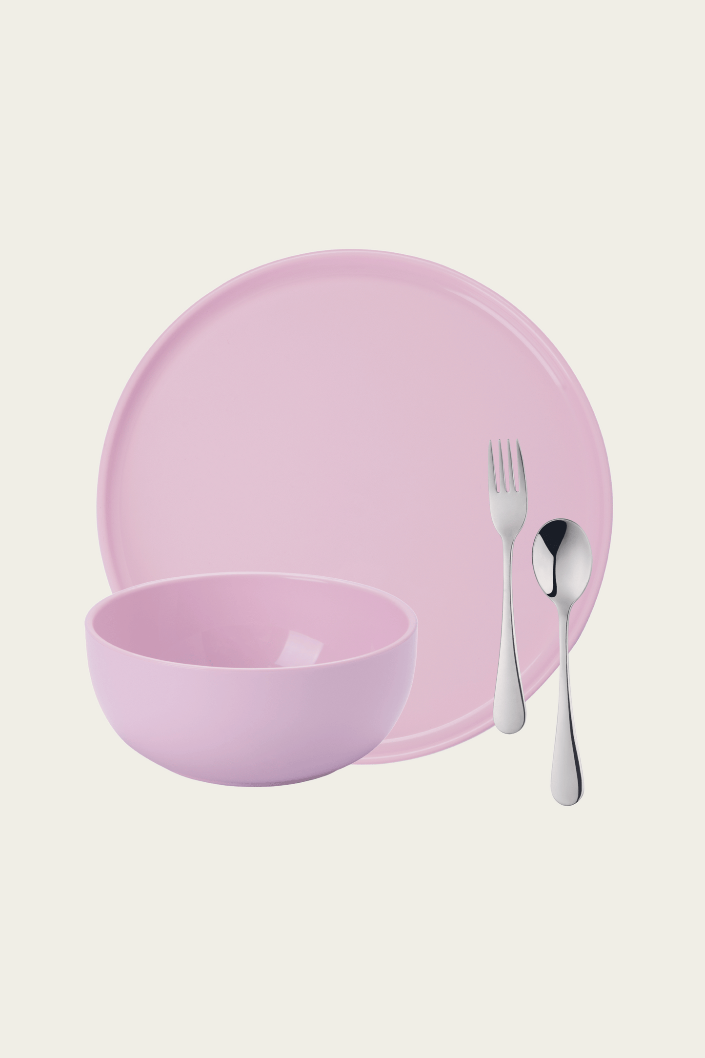 Plate, bowl, and silverware set in pink