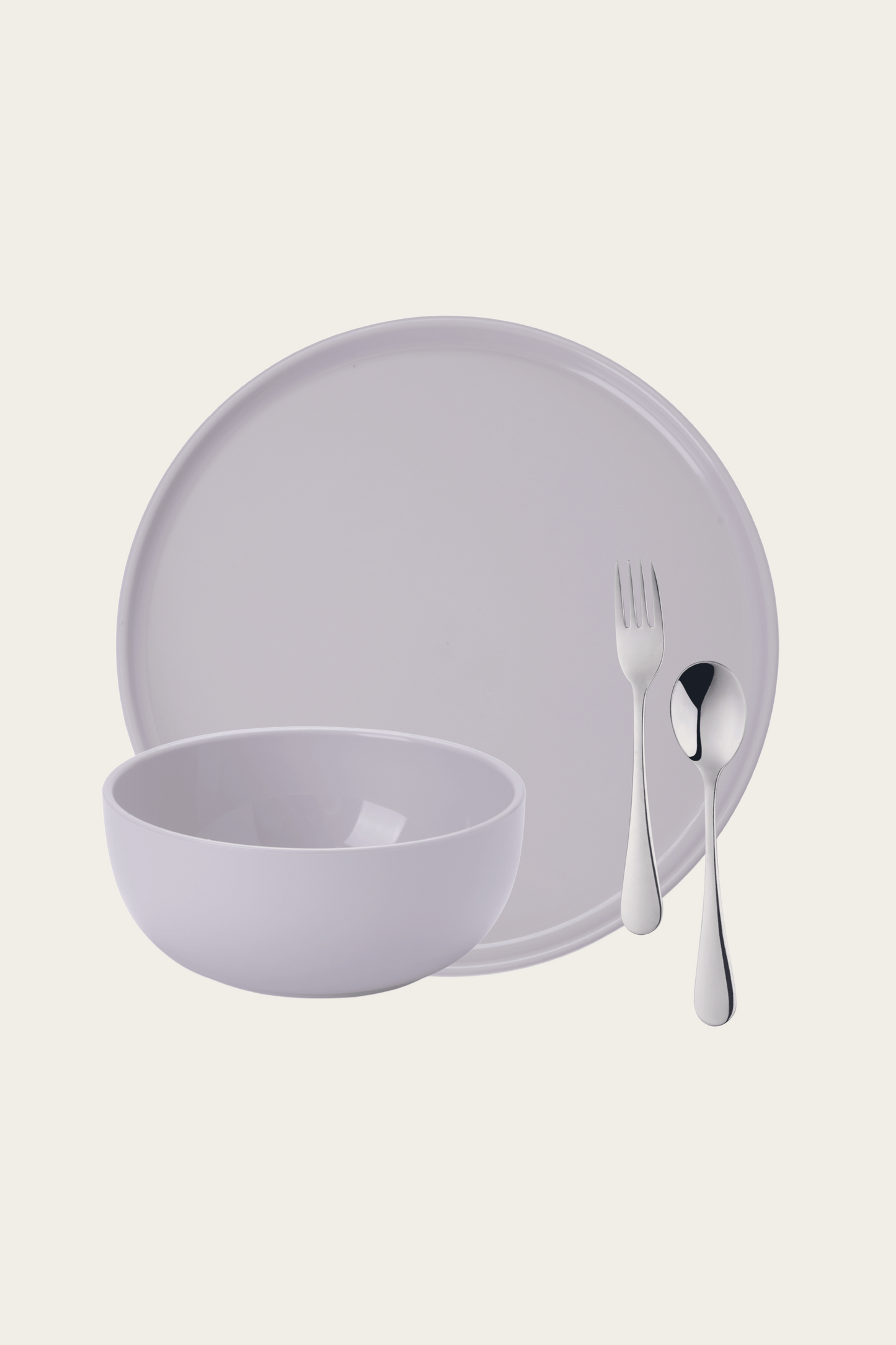Complete dish ware set in gray including a plate, bowl and silverware