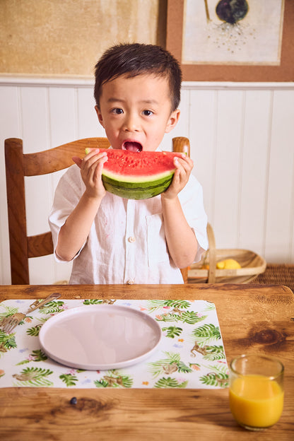 Kid eating a big slice of watermelon off a neutral recette plate