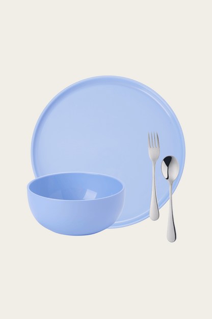 Set of pastel blue plate, bowl, fork and spoon