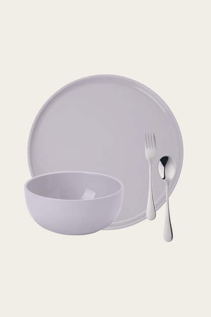 Complete dish ware set in gray including a plate, bowl and silverware